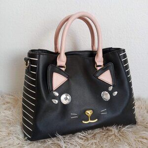 Betsey Johnson Cat Rhinestone Handbag FREE ANGEL GIFT Pink Black White Lined